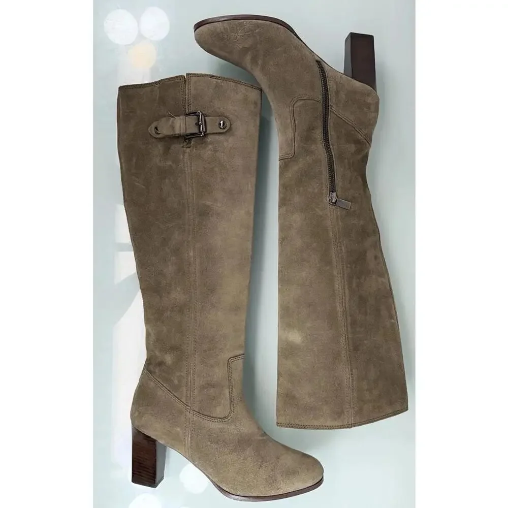 Michael Kors Burke Knee High Suede Boots Sz 7.5 Equestrian Chic Block‎ Heel